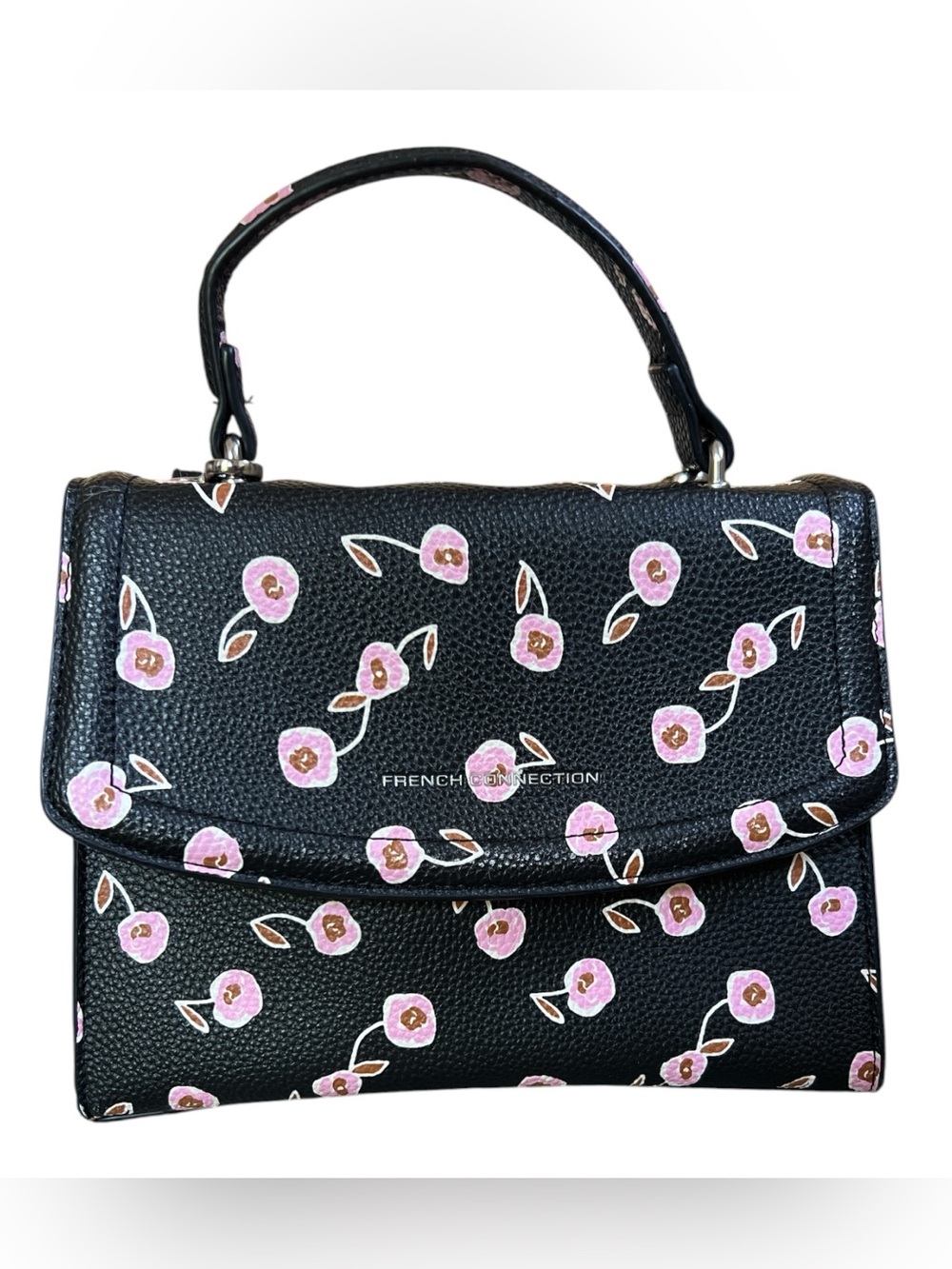 French Connection Black Satchel Handbag or Shoulder Bag with Pink Floral Motif